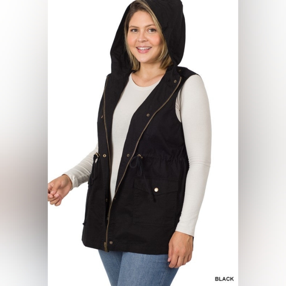 ZENANA DRAWSTRING WAIST MILITARY HOODIE VEST